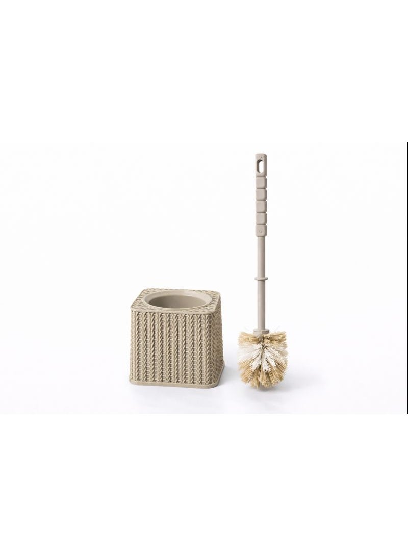 Toilet Brush & Holder Set with Square Base - Modern Woven/Knit Design - Deep Cleaning Bristles - Beige / Cream - Image 1